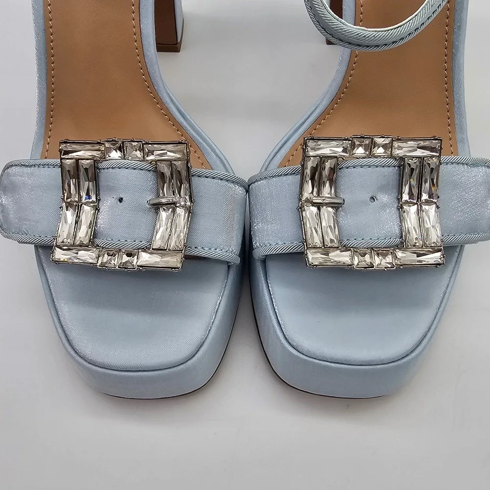 Steve Madden Liandra-B Block Heel Platform Sandals Womens 6.5 Blue Satin Crystal